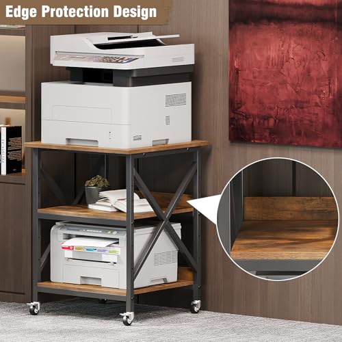 VENNQD 23.6 x 23.6 x 30.3 Inches Printer Stand, Large Printer Table with Adjustable Middle Shelf, Rolling Printer Cart with Wheels, 3 Tier Printer Table for Home Office Scanner Fax, Rustic Brown - color: Rustic Brown