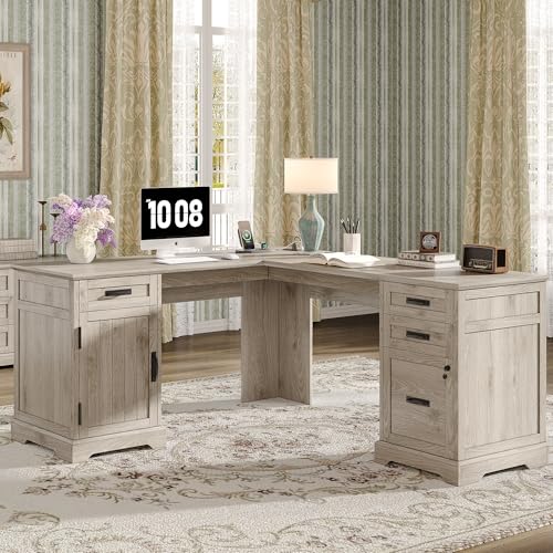 Alohappy 67'' L Shaped Desk with Drawers, Farmhouse Corner Computer Desk with File Storage and Charging Station for Home Office, Light Wash Gray - color: Light Wash Gray, size: 67''