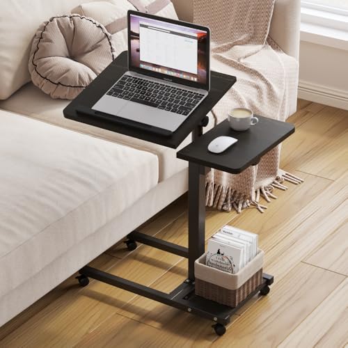 Laptop Desk Stand for Bed Portable Desk Overbed Bedside Mobile Laptop Table Rolling Foldable Table Adjustable Height with Locked Wheels & Mouse Pad for Office Sofa (Dekuwood Black) - color: Dekuwood Black