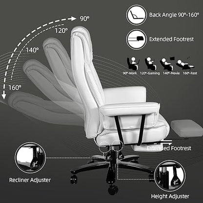 Reclining Office Chair with Footrest, Big and Tall Home Office Desk Chairs 400lbs with High Back, Criss Cross Wide Seat, Heavy Duty Base, Pu Leather, White - color: White