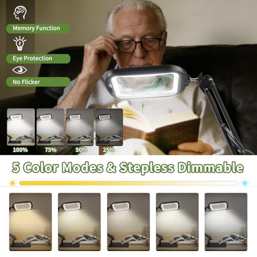 ‌10X 30X Large Square Magnifying Glass with Light and Stand/Clamp | 60 LED Lighted Magnifier, Hands Free 360° Rotatable Desk Lamp for Close Work Reading Craft Hobby Painting Sewing