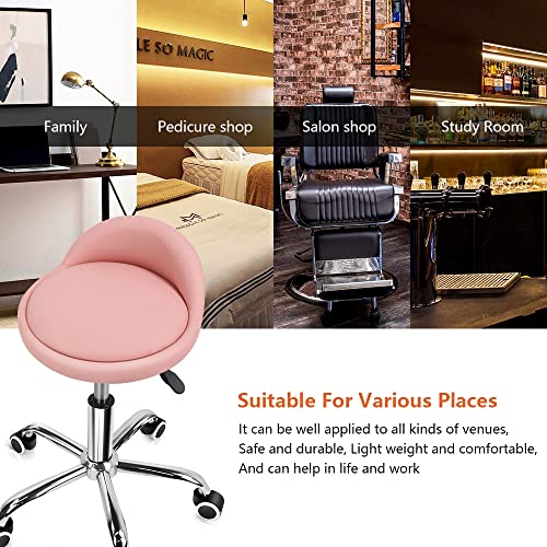 KKTONER PU Leather Round Rolling Stool with Back Rest Height Adjustable Swivel Drafting Work SPA Task Chair with Wheels Pink - color: Pink