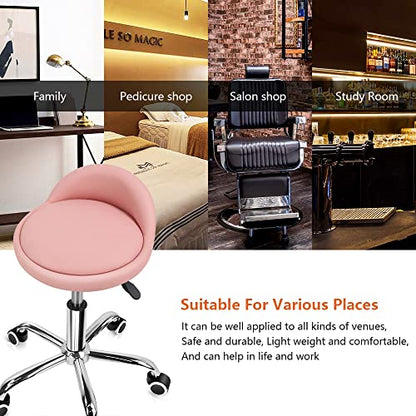 KKTONER PU Leather Round Rolling Stool with Back Rest Height Adjustable Swivel Drafting Work SPA Task Chair with Wheels Pink - color: Pink