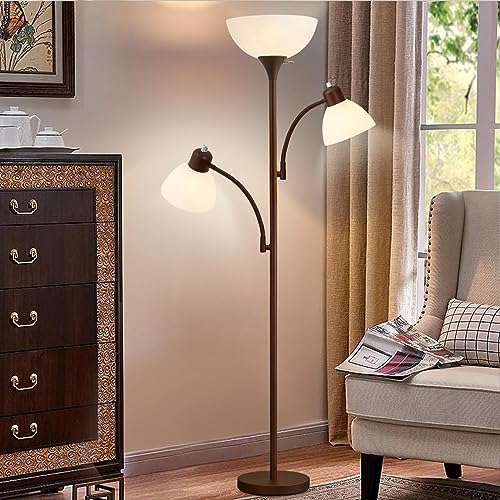 Luvkczc Floor Lamps for Living Room, 72" Tall Standing Lamp, Torchiere Lamp with 2 Reading Lamps, Industrial Bright Floor Lamp for Bedroom, Office, Dresser, Brown Lamps, 3 LED Bulbs Included - color: Brown