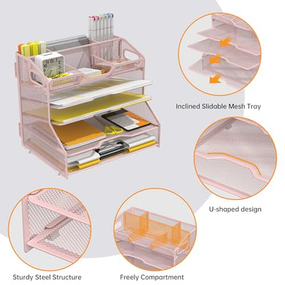 YINGHUA 5-Tier Mesh Desk Organizer, Letter Tray - Pink - color: 5 Tier-pink