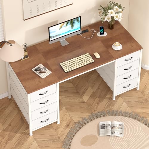 50 Inch Computer Desk with 8 Drawers for Home Office, Bedroom, Living Room - color: Brown and White, size: 18.9"D x 50.4"W x 29.3"H