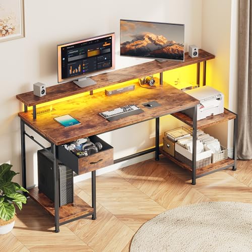 DurayLoly Computer Desk with 55" Long Monitor Stand, 18"Ample Printer Space | Storage Drawer and File Shelves,Versatile RGB LED Lighting,Built-In USB Outlet,Sturdy Metal Frame,Bedroom Writing Desk,Brown - color: Rustic Brown