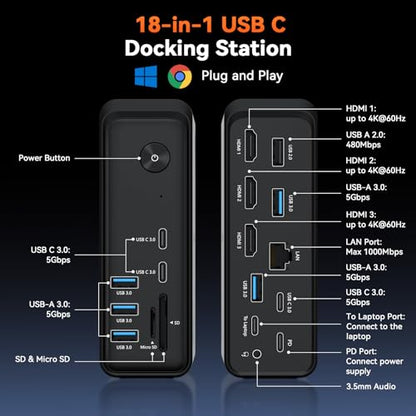 TobenONE 18 in 1 Laptop Docking Station 3 Monitors,Triple 4K HDMI,9 USB C/A