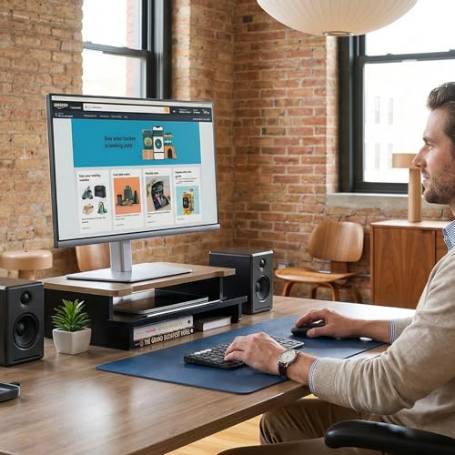 16.5” Bamboo Monitor Stand with Phone & Tablet Holder Desk Shelf - color: Black, size: 16.5 inch