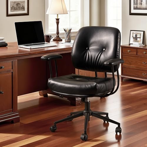 Leather Home Office Chair, Mid Back Ergonomic Desk Chair with Lumbar Support, Mid Century Modern Deep Seat Swivel Rocking Computer Chair, Black - color: Black,pu Leather, size: Big Mid Back
