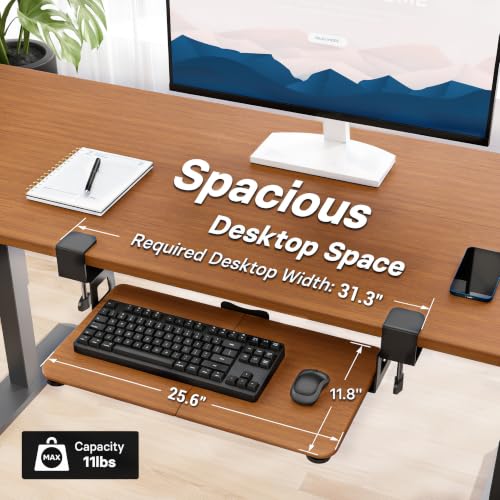 BONTEC Under Desk Keyboard Tray, Pull-Out Keyboard & Mouse Platform | C-Clamp Mount, Space-Saving Ergonomic Slide-Out Drawer, 31.3 in Including Clamps, 25.6 x 11.8 in Tray, Walnut - color: Walnut, size: 25.6" x 11.8"