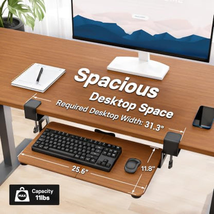 BONTEC Under Desk Keyboard Tray, Pull-Out Keyboard & Mouse Platform | C-Clamp Mount, Space-Saving Ergonomic Slide-Out Drawer, 31.3 in Including Clamps, 25.6 x 11.8 in Tray, Walnut - color: Walnut, size: 25.6" x 11.8"