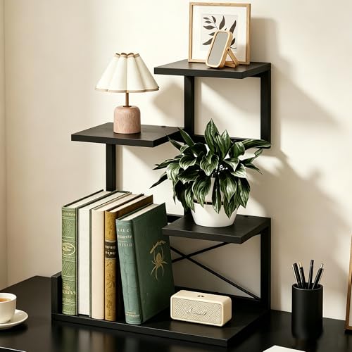 Desk Shelf Organizer, 4 Tier Desk Hutch Small Bookshelf, Wood Desktop Organizers Storage Rack and Freestanding Display Shelf for Office Decor and Desk Accessories (Black) - color: Black