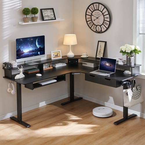 RedLemon 60 Inches L Shaped Electric Standing Desk, Carbon Fiber Black - color: Carbon Fiber Black, size: 60"X60"