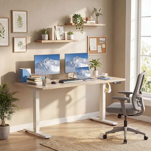 55'' × 24'' Electric Standing Desk with Power Outlets & Wheels, Oak - color: Oak, size: 55×24''