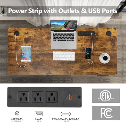 55''×24'' Electric Standing Desk with Power Outlets & Wheels, Brown - color: Brown, size: 55×24''