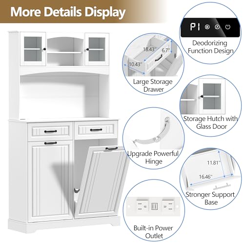 Double 13 Gallon Tilt Out Trash Can Cabinet with Deodorizing Function and Power Outlet, 71" Tall Wooden Garbage Can Holder Cabinet with 2 Storage Hutch & 2 Drawers for Kitchen and Dining Room, White - color: White, size: 13.78"D x 39.38"W x 70.95"H(Double