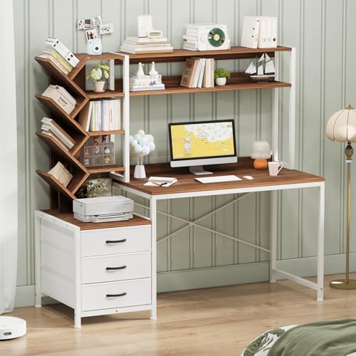 YOMILUVE 52" Computer Desk with Bookshelf, 3 Drawers ＆ Hutch for Bedroom | Office Desk with Printer Shelf, Study Writing Desk with Storage Shelves, Brown and White - color: Brown and White