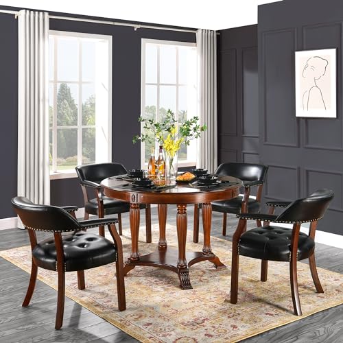 LEEMTORIG Set of 4 Faux Leather Dining Chairs with Arms, Dining Chair with Supportive Back, Game Poker Table Chairs, Boss Caption's Chairs Office Desk Chairs, Cherry Walnut Legs & Black PU NX173D - color: Cherry Walnut Legs & Black Pu, size: Set of 4