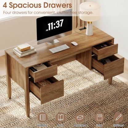 WAMPAT Fluted Executive Desk with Drawers, 58" Modern Home Office Computer Desk with Charging Station, Storage Shelves, Wooden Writing Desk for Home Office, Work Study Writing, Walnut - color: Walnut