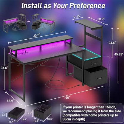 Aheaplus 59" Gaming Desk with RGB LED & Power Outlet &PC Case/Printer Stand - color: Carbon Fiber Black
