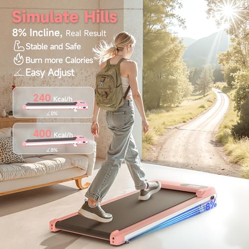 Incline Walking Pad, 3.5HP Foldable Portable Treadmill with Handle Bars, Ultra Quiet ≤40dB Under Desk Treadmills for Home Office, 330LB Capacity, Wide Running Belt, LED Display & Remote Control - color: Bright Pink