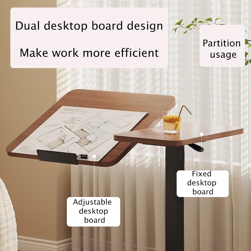 Overbed Table with Wheels, Adjustable Height Rolling Bedside Desk, Mobile Laptop Stand and Tilting Tray Table for Bed Sofa and Hospital Use (Walnut+26-38''h) - color: Walnut+26-38''h