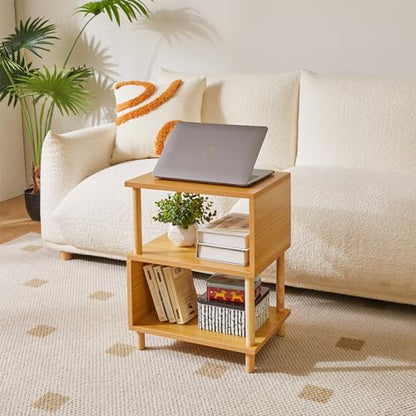 Aibiju Wooden Night Stand with Open Shelf, Nightstand with Solid Wood Legs, S-Shaped Bed Side Table 3 Tier, End Table Natural Wood YD-TM152N - color: Natural Wood