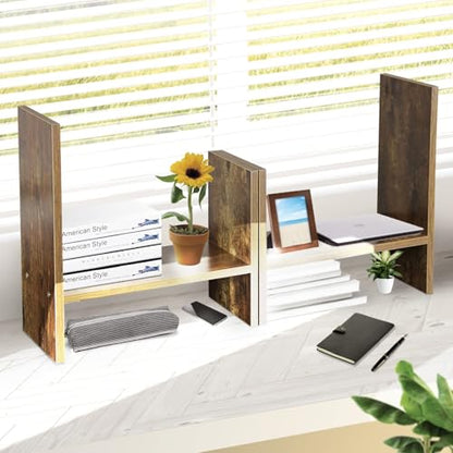 BROWN-BROWN Adjustable Wood Desk Shelf Organizer Office Home Multipurpose Desktop Shelf, Display Shelf Rack Top Mini Bookcase, Free Style Display Desktop Organization