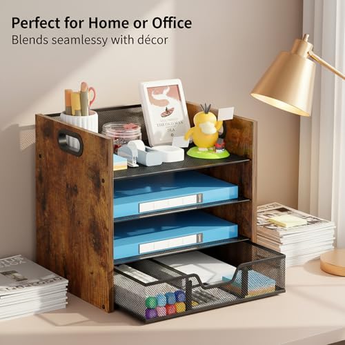 Desk Organizer - 4 Tier Desktop File Organizer with Drawer, Wooden Paper Tray Organizer, Office Desk Accessories Organizer for Papers, Mail, Notebooks, Stationery - size: 4 Tier Drawer