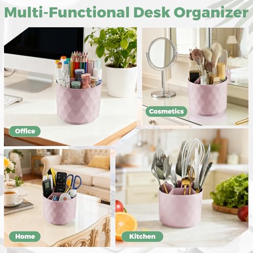 Desk Pencil Pen Holder, 5 Slots 360-Degree Rotating Desk Organizer, Diamond Pattern Desktop Storage Stationery Supplies Organizer, Cute Desk Accessories for Office, School, Home, Art Supply (Pink)