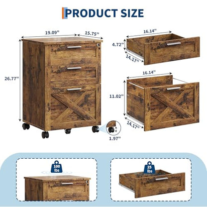 Garvee 3-Drawer Mobile File Cabinet with Lock, Under Desk Storage Drawers - color: Rustic Brown