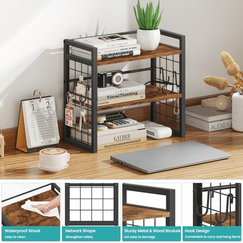 ELITEROO Desktop Shelf Organizer, 2 Tier Wood Desk Bookshelf, Rustic Brown - color: Rustic Brown