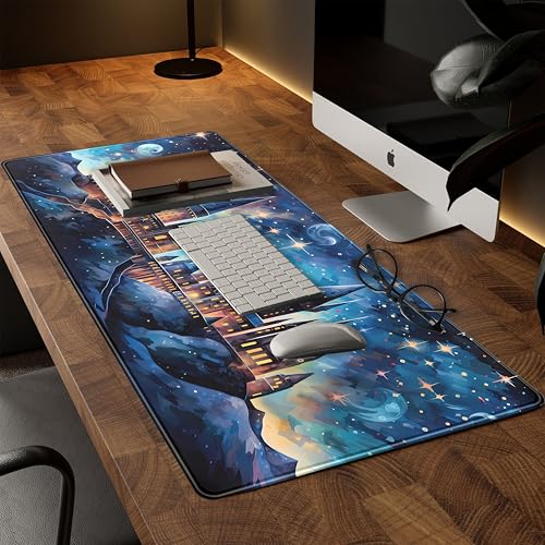 Blue Castle Desk Mat Aesthetic Cute Desk Pad, Extended Large Mouse Pad XXL Gaming Keyboard Pad, Computer Desktop Mouse Mat Full Desk Laptop Mat, Fantasy Art Office Desk Accessories 31.5" x 15.7" - color: Painted Castle