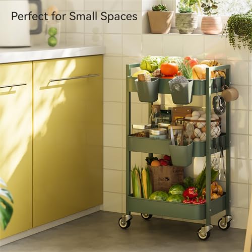Nunsino 3 Tier Rolling Cart,Utility Cart with Locking Wheels, Hanging Cups,&Hooks, Heavy Duty Metal Storage Organizer Cart for Kitchen,Office, Bathroom,Craft Room,Green - color: Green