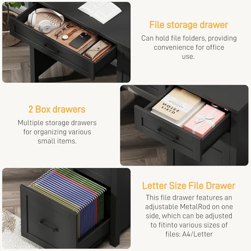 Farmhouse 47" Computer Desk, Executive Desk with File Drawer, Pure Black | Workstation, Charging Station, for Study, Home Office - color: Unique Black