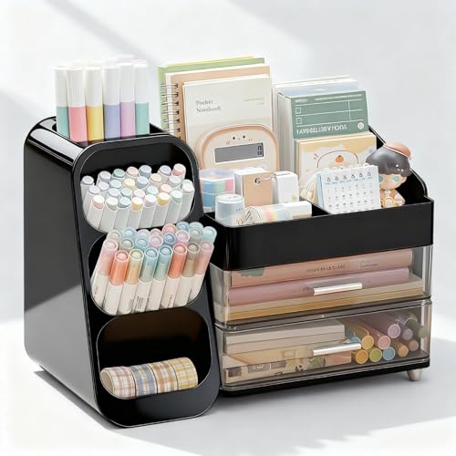 Desk Organizer with Pen Pencil Holder, Pen Organizer with 2 Drawers & 4 Compartments, Desktop Organizers and Storage for Office Home School Art Supplies (Black)