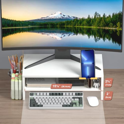 TEAMIX 2-Tier White Monitor Stand Riser with Phone Holder&Clear Pen Holder - color: White, size: 15.7 x 9.5 x 5.7 inches