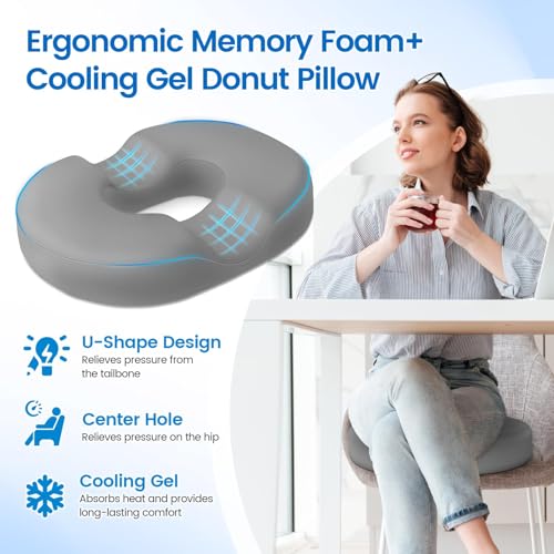 Donut Pillow Seat Cushion, Cooling Gel Memory Foam Chair Cushion,Light Grey - color: Light Grey, size: Large