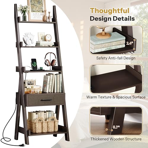 Ladder Shelf, 5 Tier Bookshelf with Fabric Drawer, Power Outlets, Espresso | 70" Industrial Leaning Bookshelf with USB Fast Charging, Wooden Book Shelf for Bedroom Living Room Home Office, Space Saving