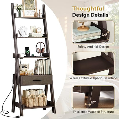 Ladder Shelf, 5 Tier Bookshelf with Fabric Drawer, Power Outlets, Espresso | 70" Industrial Leaning Bookshelf with USB Fast Charging, Wooden Book Shelf for Bedroom Living Room Home Office, Space Saving