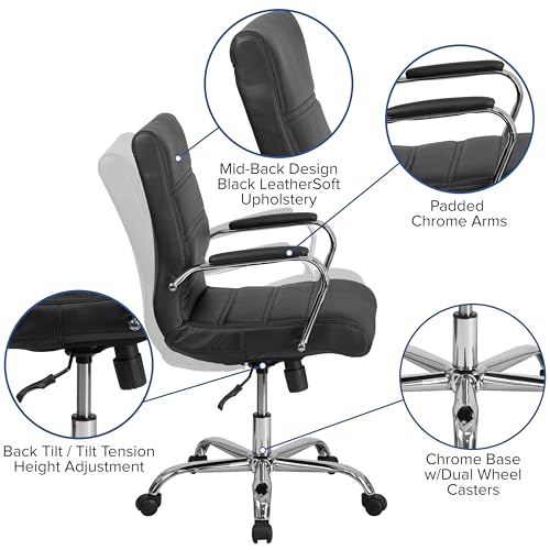 Flash Furniture Mid-Back Black LeatherSoft Executive Swivel Office Chair with Chrome Base and Arms - color: Black Leathersoft/Chrome Frame