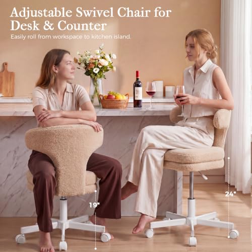 GTPLAYER Swivel Office Desk Chair with Wheels, Adjustable Height Vanity Chair with Back Support, Comfy Rolling Stool for Home Office, Bedroom & Makeup Vanity, Sweet Gift for Girls and Women - color: Khaki Brown
