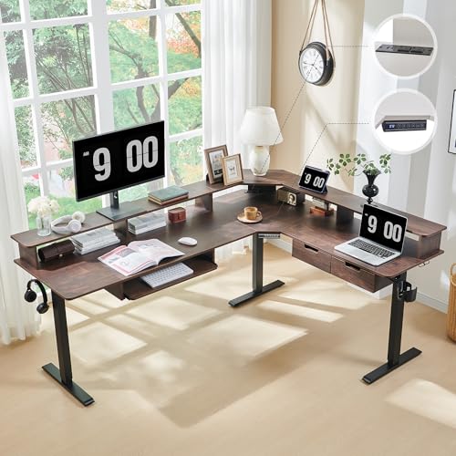 RedLemon 75X60 Inches L Shaped Electric Standing Desk, Height Adjustable Corner Gaming Desk with Drawers, Keyboard Tray, Power Outlets & LED Lights, Computer Desk with Monitor Shelf, Dark Walnut - color: Dark Walnut, size: 75"X60"