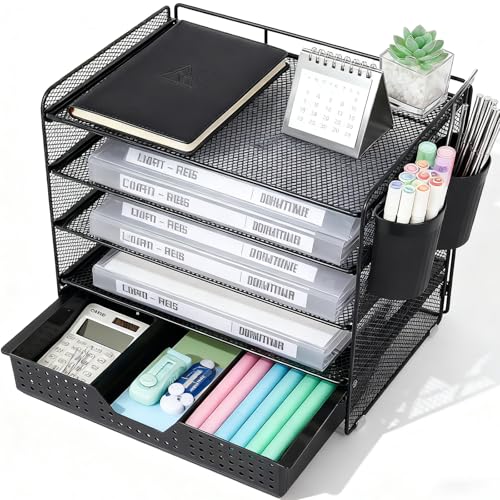 LEKETREE Desk Organizer and Accessories, 5-Tier Paper Letter Tray Organizer with Drawer & 2 Pen Holders for Desktop File Organization, Office Desk Accessories for Supplies Storage (Black) - color: Black, size: 12" x 8" x 10"