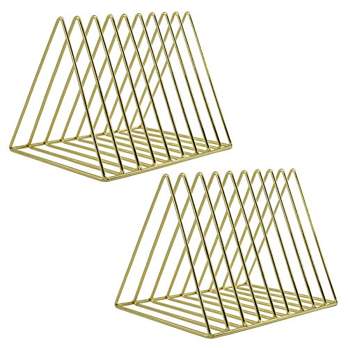 9 Slot Magazine Rack Book Record Holder, Desktop Iron Storage Rack Bookshelf Multifunction Triangle File Organizer Sorter for Decor Home Office, Golden Pack of 2 - color: 2 Pack Gold