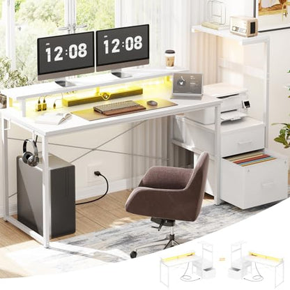 Aheaplus Gaming Desk with LED Strip & Power Outlet, 59Inch Reversible Computer Desk with Monitor Stand & Storage Shelves, Home Office Desks with Fabric File Drawer, Gamer Table PC Desk, White - color: White