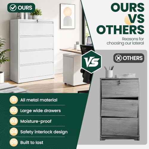 4 Drawer Lateral File Cabinet, Metal Filing Cabinet for Home Office, White | Heavy-Duty Steel Locking Large File Cabinet, Hanging Letter/Legal/A4 Size, Full-Extension Silent Drawer, Un-Assembly - color: White, size: 4 Drawers (35.43 in Width)