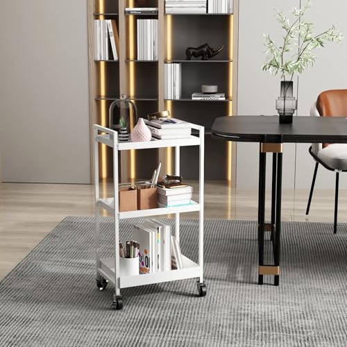 3-Tier Metal Utility Rolling Cart, Rectangular Cart with Lockable Casters, Kitchen Storage Carts Suitable for Office, Bathroom, Kitchen - White(12.1" D x 17.7" W x 31.2" H) - color: White