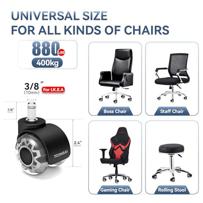 2 Inch Replacement Office Chair Wheels for IKEA Chair, Computer Gaming Castor for Carpet, Stem 3/8-7/8, Set of 5 for Furniture Hardwood Hard Floors Chair Caster Tile Smooth Safe Quiet Rolling,(Black) - style: Fit 1KEA ( CLR & Black- 2 inch)